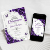 Invitation Quinceanera florale d'argent violet
