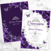 Invitation Quinceanera florale d'argent violet