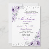 Invitation Quinceanera florale d'argent violet Lilac (Devant)