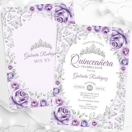 Invitation Quinceanera florale d'argent violet Lilac