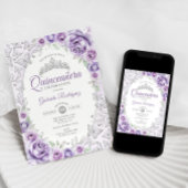 Invitation Quinceanera florale d'argent violet Lilac