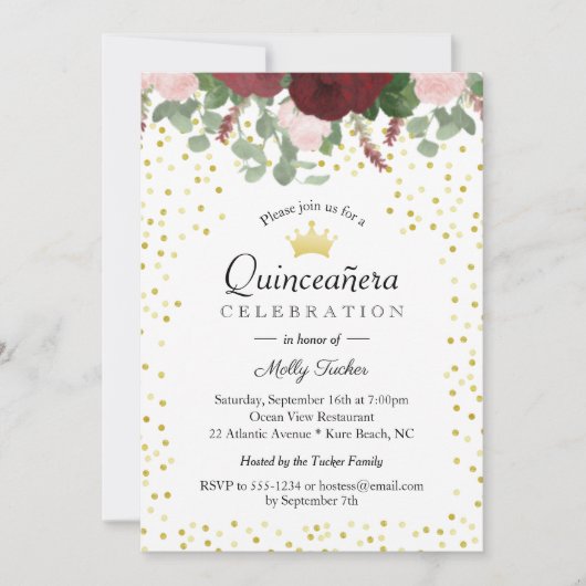 Invitation Quinceanera florale de Bourgogne 15e anniversaire (Devant)