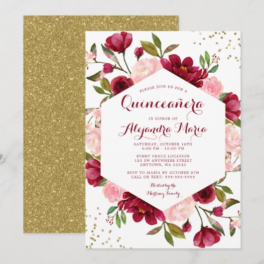 Invitation Quinceanera florale de Bourgogne moderne (Devant / Derrière)
