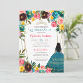 Invitation Quinceanera florale de Fiesta rose turquoise (Debout devant)