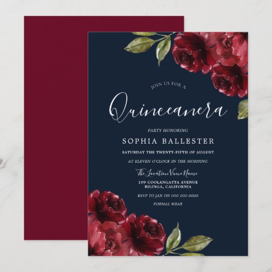 Invitation Quinceanera florale de la Bourgogne et de la Marin (Devant / Derrière)