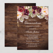 Invitation Quinceanera florale de Pêche de Bourgogne rustique (Devant / Derrière)