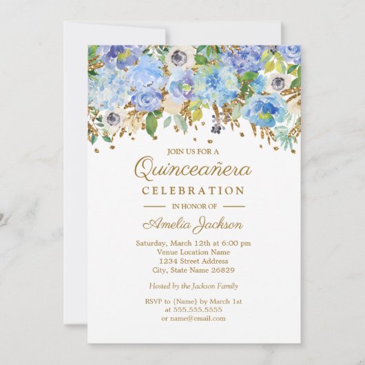 Invitation Quinceanera florale d'or bleu botanique (Devant)