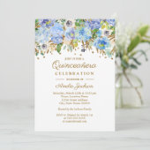Invitation Quinceanera florale d'or bleu botanique (Debout devant)