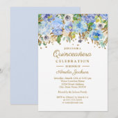 Invitation Quinceanera florale d'or bleu botanique (Devant / Derrière)