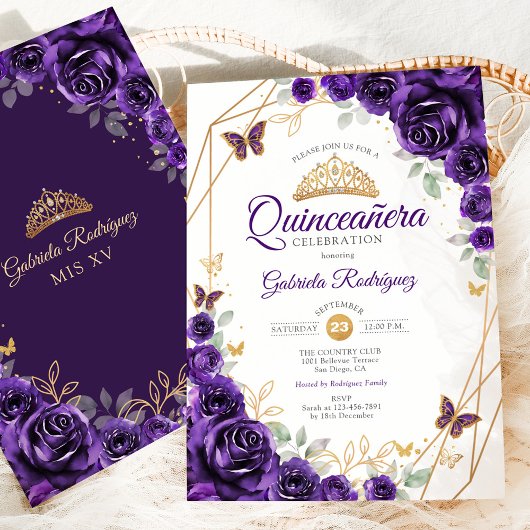 Invitation Quinceanera Florale d'or pourpre