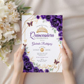 Invitation Quinceanera Florale d'or pourpre