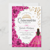 Invitation Quinceanera florale d'or rose Fuchsia (Devant)