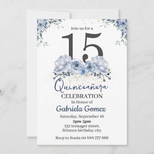 Invitation Quinceanera Florale Dusty Blue 15e anniversaire (Devant)