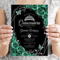 Quinceanera Florale Émeraude Vert Argent Noir