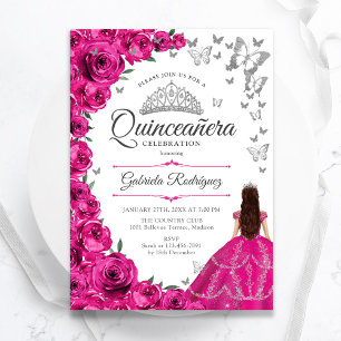 Invitation Quinceanera florale en argent rose Fuchsia