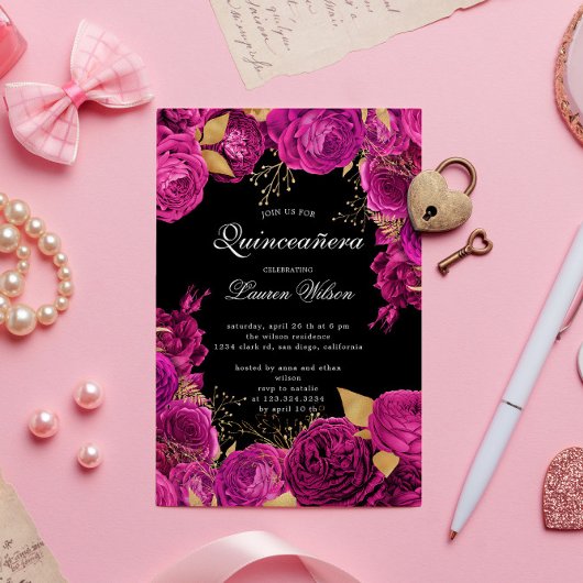 Invitation Quinceanera florale exclusive or rose chaud