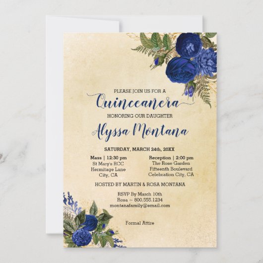 Invitation Quinceanera Florale Masse Bleue Royale & Réception (Devant)
