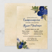 Invitation Quinceanera Florale Masse Bleue Royale & Réception (Devant / Derrière)