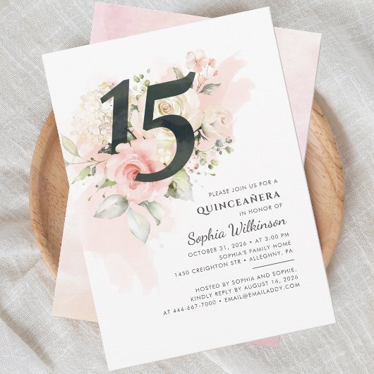 Invitation Quinceanera florale moderne 15e anniversaire rose