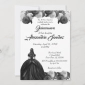 Invitation Quinceanera florale noire et blanche (Devant)