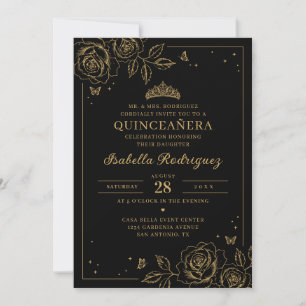 Invitation Quinceañera Florale Or Noir