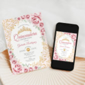 Invitation Quinceanera Florale Or Rose
