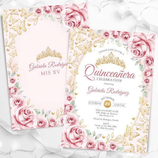 Invitation Quinceanera Florale Or Rose