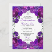 Invitation Quinceanera florale pourpre et argent (Devant)
