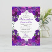 Invitation Quinceanera florale pourpre et argent (Debout devant)