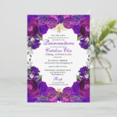 Invitation Quinceanera florale pourpre et or (Debout devant)