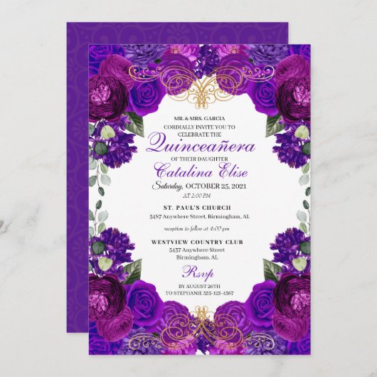 Invitation Quinceanera florale pourpre et or (Devant / Derrière)