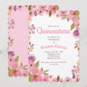 Invitation Quinceañera florale rose (Devant / Derrière)
