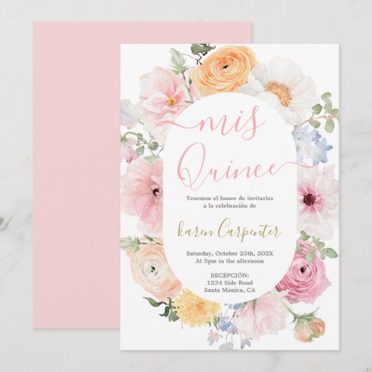 Invitation Quinceanera Florale Rose (Devant / Derrière)