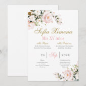 Invitation Quinceanera florale rose (Devant / Derrière)