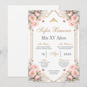 Invitation Quinceanera Florale Rose (Devant / Derrière)