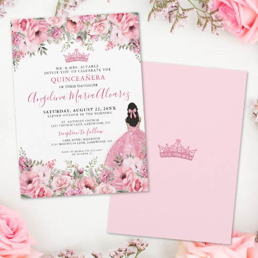 Invitation Quinceanera florale rose