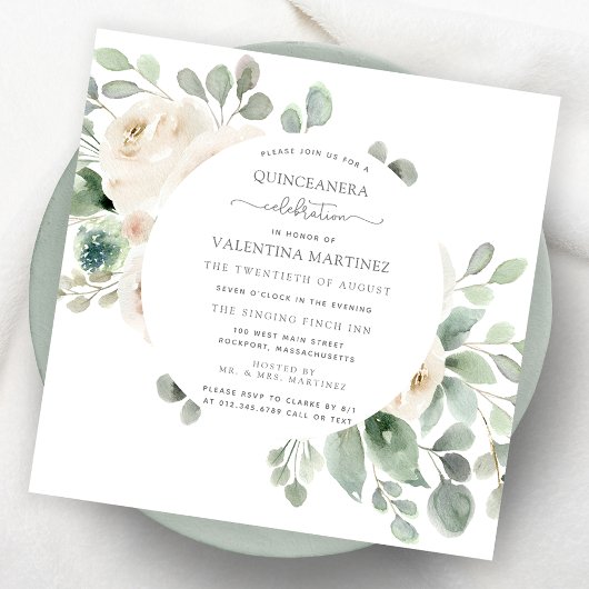 Invitation Quinceanera Florale Rose blanche