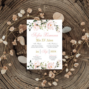 Invitation Quinceanera Florale Rose Blush Espagnole