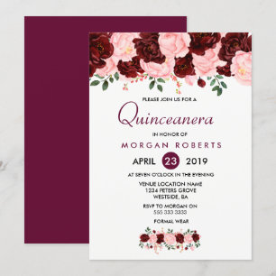 Invitation Quinceanera Florale Rose & Bourgogne