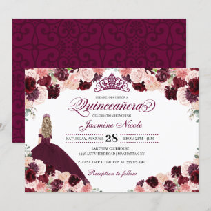 Invitation Quinceanera Florale Rose Bourgogne Anniversaire En