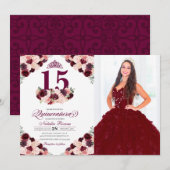 Invitation Quinceanera florale rose de Bourgogne (Devant / Derrière)