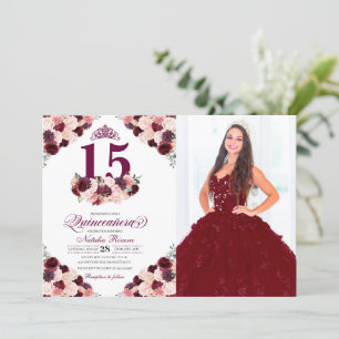 Invitation Quinceanera florale rose de Bourgogne