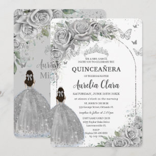 Invitation Quinceanera Florale Rose en argent Douce 16 Annive