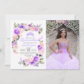 Invitation Quinceanera florale rose et violet Photo d'anniver (Devant)