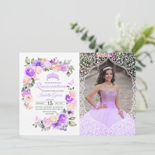 Invitation Quinceanera florale rose et violet Photo d'anniver (Debout devant)