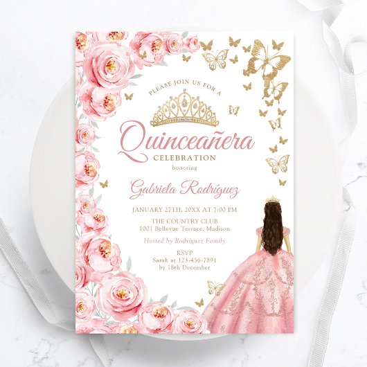 Invitation Quinceanera Florale Rose Or Blanc