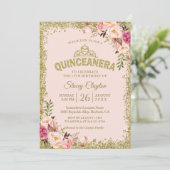 Invitation Quinceanera florale rose or bleu 15e anniversaire (Debout devant)