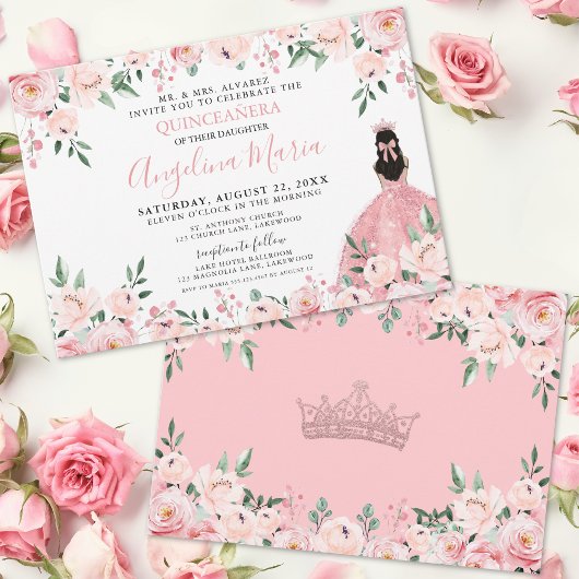 Invitation Quinceanera florale rose pâle