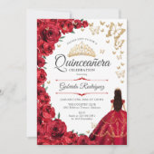 Invitation Quinceanera Florale Roses Rouges Or (Devant)