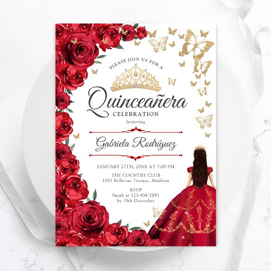 Invitation Quinceanera Florale Roses Rouges Or
